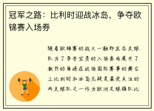 冠军之路：比利时迎战冰岛，争夺欧锦赛入场券