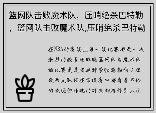 篮网队击败魔术队，压哨绝杀巴特勒，篮网队击败魔术队,压哨绝杀巴特勒视频