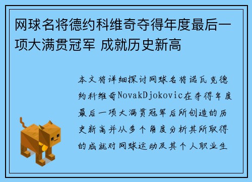 网球名将德约科维奇夺得年度最后一项大满贯冠军 成就历史新高