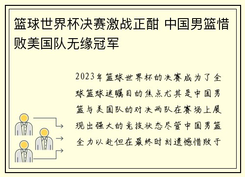 篮球世界杯决赛激战正酣 中国男篮惜败美国队无缘冠军