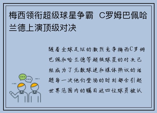 梅西领衔超级球星争霸  C罗姆巴佩哈兰德上演顶级对决