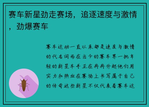赛车新星劲走赛场，追逐速度与激情，劲爆赛车