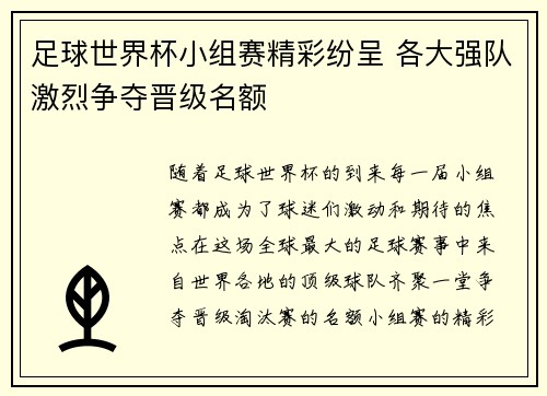 足球世界杯小组赛精彩纷呈 各大强队激烈争夺晋级名额