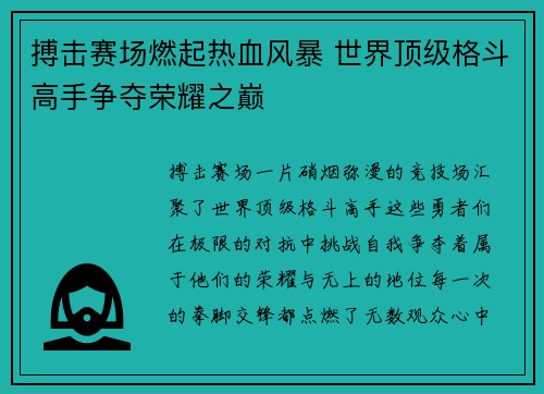 搏击赛场燃起热血风暴 世界顶级格斗高手争夺荣耀之巅